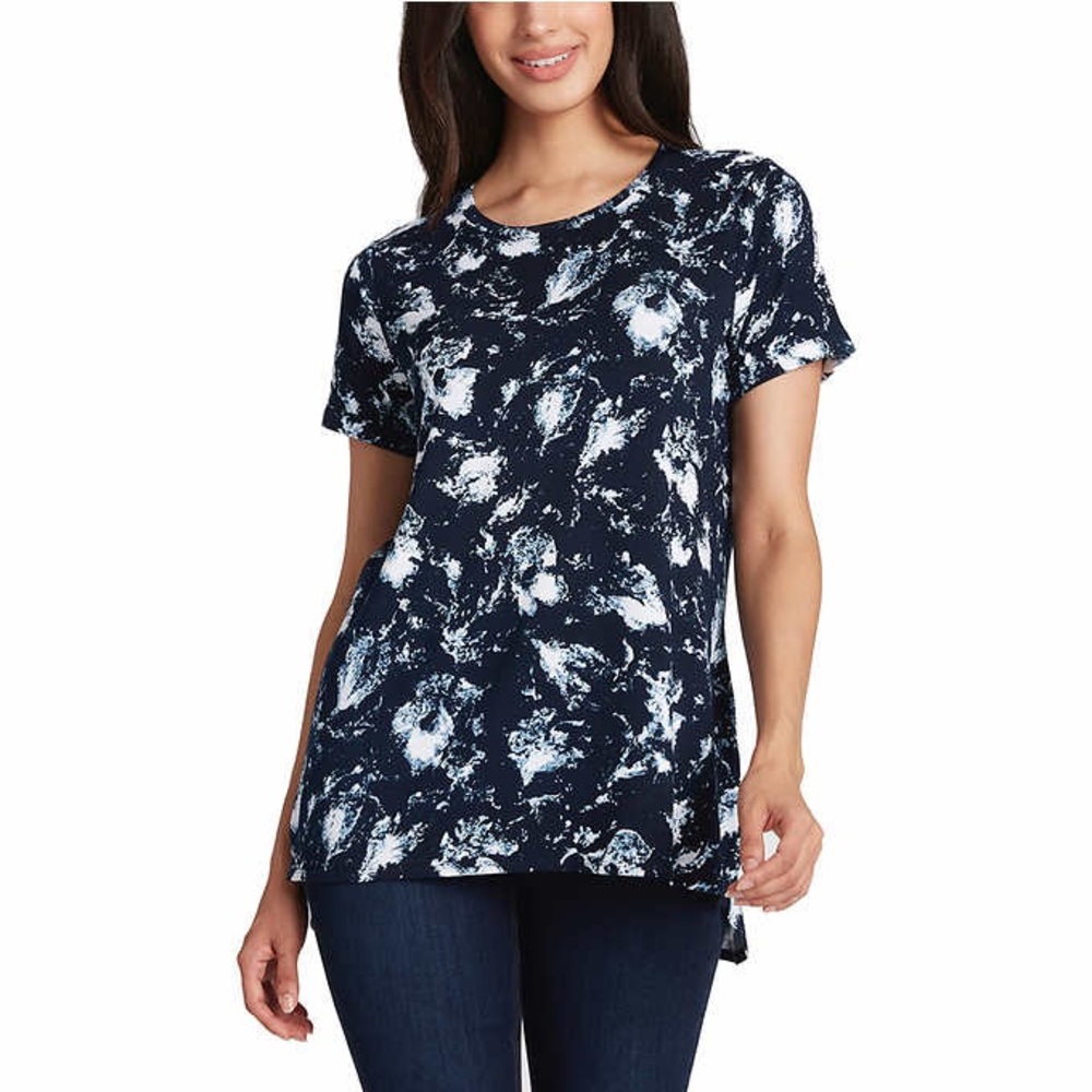 Ellen Tracy Dusty Floral Navy Tie-Dye Look Tunic Length High-Low Soft Top